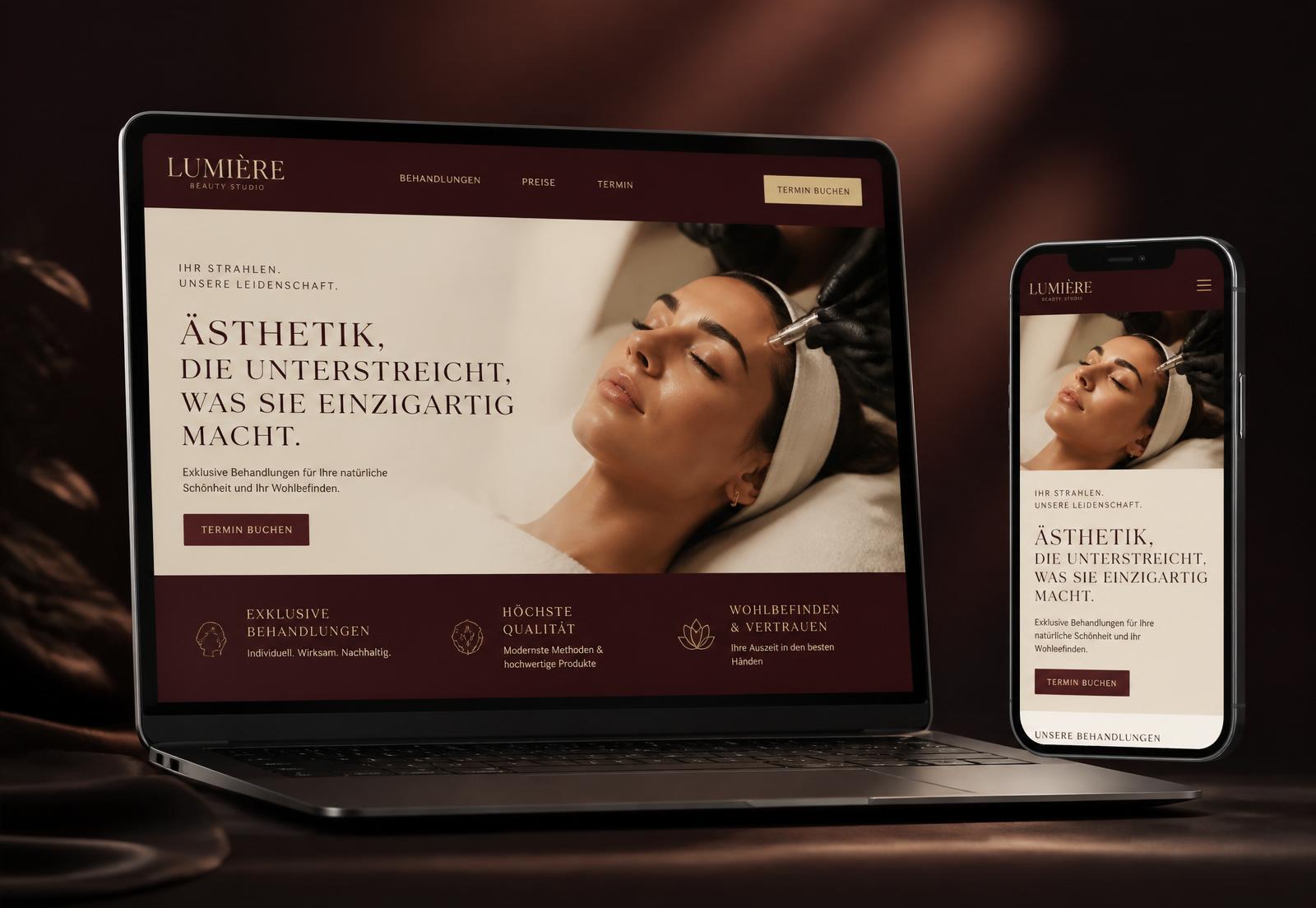 Beispielhaftes Webdesign eines Kosmetikstudios auf Laptop und Smartphone – dunkles Bordeaux mit eleganter Serifentypografie
